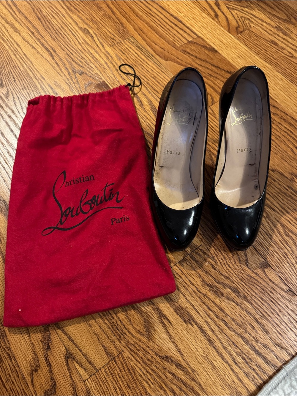 Christian Louboutin Black Patent Leather Round-Toe Pumps